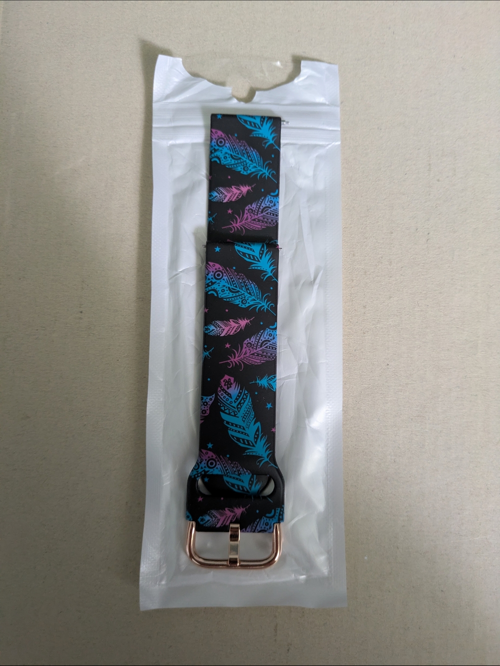 Feather Print Silicone Watch Band - Black with Teal & Purple